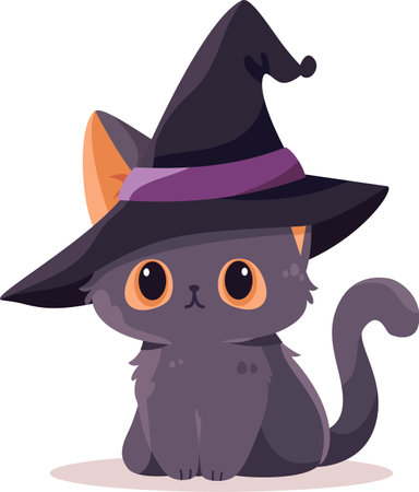 Cute vector illustration in cartoon style. Black cat in a witchs hat. Childrens illustration for Halloween holiday . Vector illustrationのイラスト素材