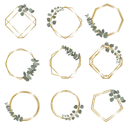 Vector set with gold frames and sprigs of green eucalyptus. Frames on white background for holiday design. . Vector illustrationのイラスト素材