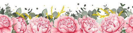 Seamless floral vector border. Pink peonies, eucalyptus, green plants and flowers. . Vector illustrationのイラスト素材