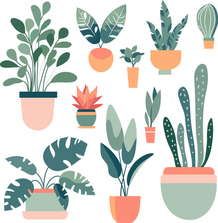 Flat vector illustration in Scandinavian style. Collection of home flowers in pots on white background . Vector illustrationのイラスト素材