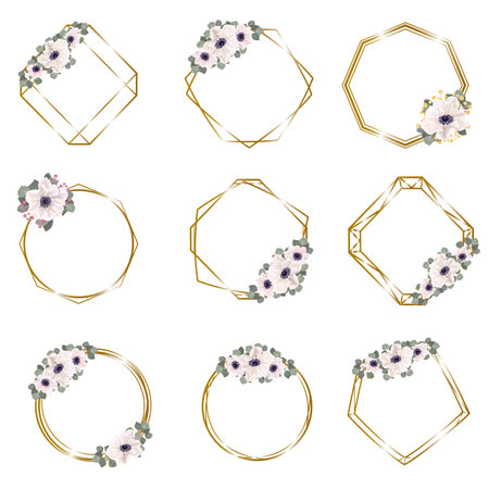 Floral Collection. A set of frames for wedding design. White anemones, eucalyptus, green plants and flowers, gold frames. . Vector illustrationのイラスト素材