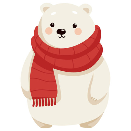 Flat vector new year vector illustration. Cute white bear in red scarf . Vector illustrationのイラスト素材