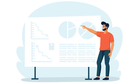 Flat vector illustration. Man standing in front of a large banner and giving a presentation. Vector illustrationのイラスト素材