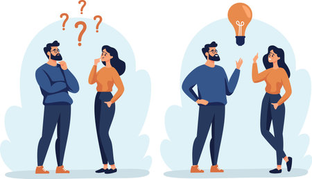 Flat vector illustration. A woman and a man are discussing issues, thinking about making a decision, coming up with an idea. The concept of finding the right solution and idea. Vector illustrationのイラスト素材