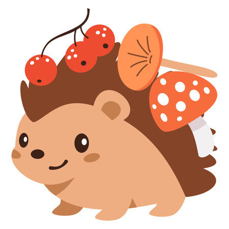 Flat vector illustration. Cute hedgehog with berries and mushrooms on his back. Childrens autumn illustration . Vector illustrationのイラスト素材