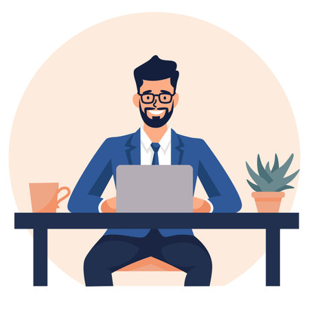 Flat vector illustration. Man sitting at desk in office with laptop. People is happy, concept of favorite job. Vector illustrationのイラスト素材
