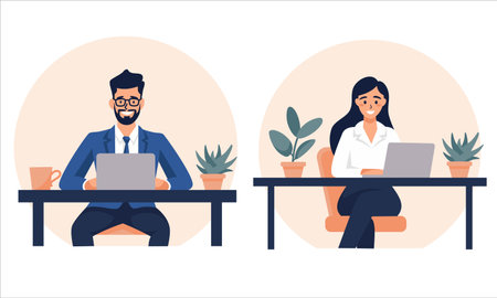Set of flat vector illustrations. man and woman happy sitting at desk in office. Concept of favorite work. Vector illustrationのイラスト素材