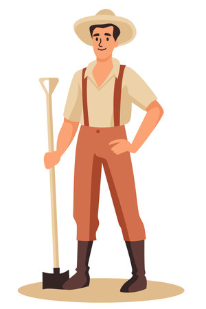 A male farmer stands holding a shovel, smiling. Flat vector illustration. Vector illustrationのイラスト素材