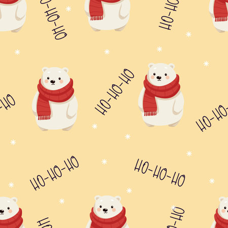 Seamless vector New Years Eve pattern. Cute white polar bear in red New Years scarf, inscriptions Ho-ho-ho. Vector illustrationのイラスト素材