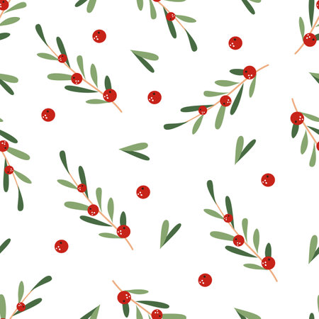 Vector New Year pattern. New Year berries, sharrow, red berries, green leaves, white background . Vector illustrationのイラスト素材