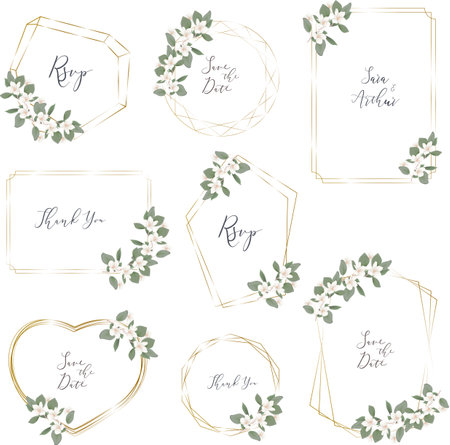 Floral Vector Set. White magnolia, sakura, branches with flowers and leaves. Different gold frames . Vector illustrationのイラスト素材