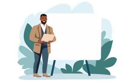 Flat vector illustration. Black man holding a laptop and giving a presentation. Large banner and space for your text. Vector illustrationのイラスト素材
