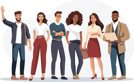 Flat vector illustration. Positive people of different genders and nationalities smiling and waving their hands in the air. Vector illustrationのイラスト素材