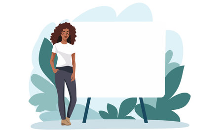Flat vector illustration. An African-American woman stands next to the banner and smiles, giving a presentation. Presentation and banner for a web site. Place for your text on the banner . High quality photoのイラスト素材
