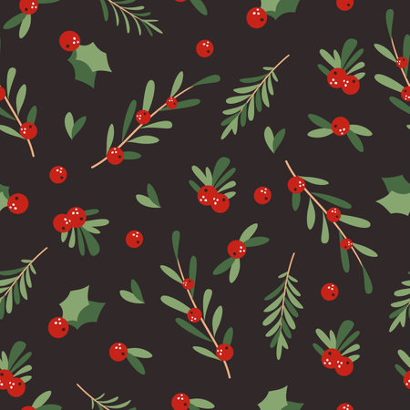 Vector New Year pattern. New Year berries, sharrow, red berries, green leaves, dark background . Vector illustrationのイラスト素材