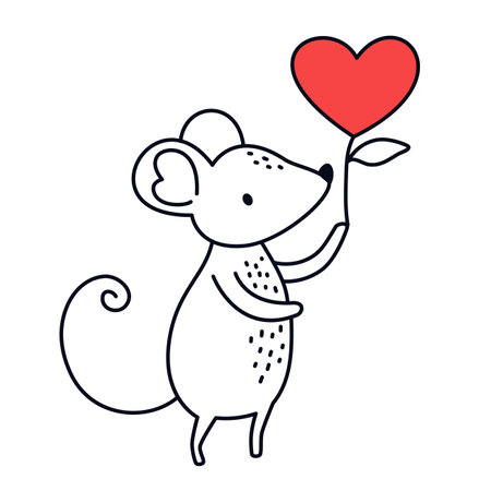 Linear style vector illustration. Cute mouse holding a flower in the form of a heart. Illustration for valentines day . Vector illustrationのイラスト素材