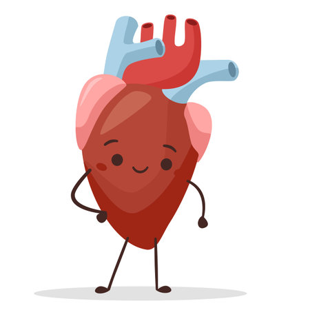 Flat vector illustration. Human organ heart standing and smiling. Heart with face, arms and legs . Vector illustrationのイラスト素材