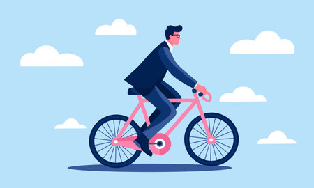 Flat vector illustration. Businessman riding a bicycle. Concept of careful attitude to nature, moving forward. Vector illustrationのイラスト素材