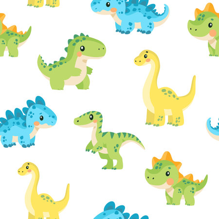 Bright vector seamless pattern. Cute dinosaurs. Pattern for baby clothes, textiles, diapers and fabrics. Vector illustrationのイラスト素材