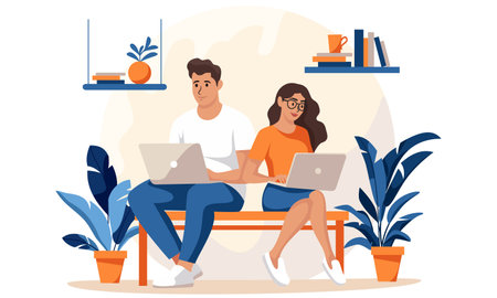 Flat vector illustration. Young people girl and guy working with laptops at home. . Vector illustrationのイラスト素材