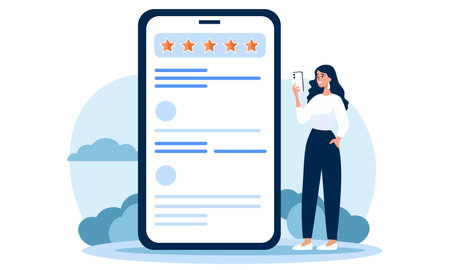 Flat vector illustration. A woman is rating an app. A high rating of five stars. Illustration for a request to rate the work. Vector illustrationのイラスト素材