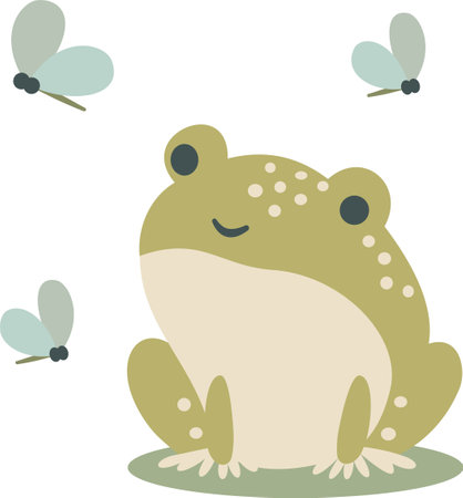 Flat vector childrens illustration. Cute frog and dragonflies. Vector illustrationのイラスト素材