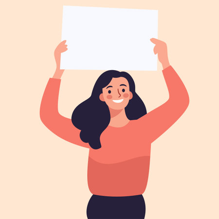 Flat vector illustration. Cute happy girl holding a poster above her head. Place for your text . Vector illustrationのイラスト素材