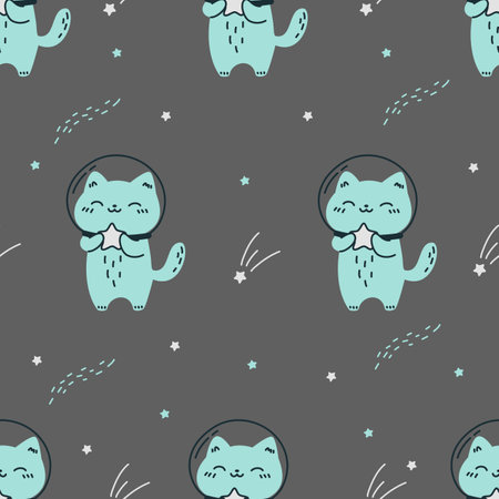 Seamless vector pattern on white background. Cute cat in a spacesuit holding a star in his paws. . Vector illustrationのイラスト素材