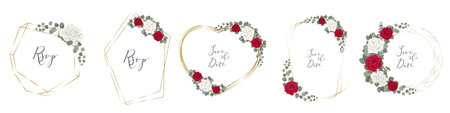 Vector floral set for wedding design. Gold frames, white and red roses, eucalyptus, green plants and eucalyptus . Vector illustrationのイラスト素材