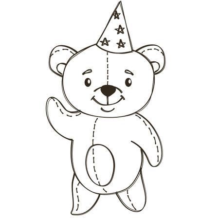 Black and white vector illustration in doodle style. Cute little bear celebrating his birthday. Bear jumping in confetti with a piece of cake. Children illustration for birthday celebration. Vector illustrationのイラスト素材