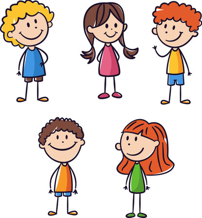 Vector childrens illustration. Cute people drawn by childs hand. Boys and girls drawn with felt-tip pen. Vector illustrationのイラスト素材