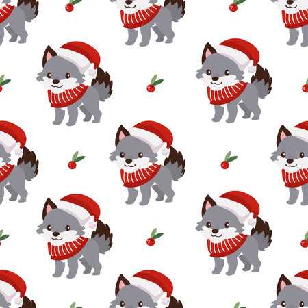 New Years Eve seamless vector pattern. Cute wolf in a scarf and Santa Claus hat, Christmas tree toys. Pattern for childrens products on white background . Vector illustrationのイラスト素材