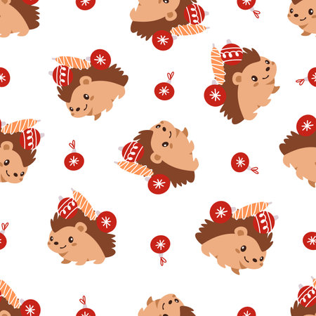 New Years Eve seamless vector pattern. Cute hedgehog in Santa Claus hat, Christmas tree toys. Pattern for childrens products on white background . Vector illustrationのイラスト素材