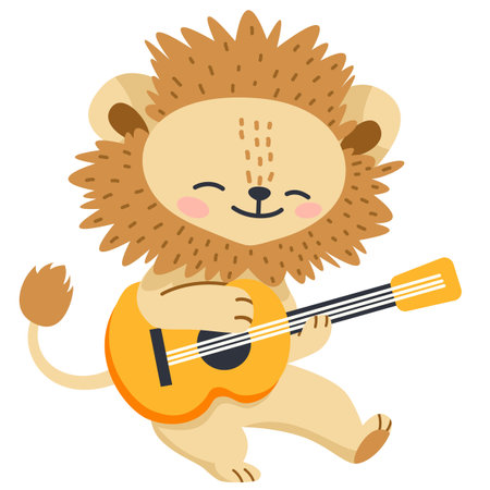 Flat vector illustration. Cute lion dancing and playing guitar. Childrens illustration on white background . Vector illustrationのイラスト素材