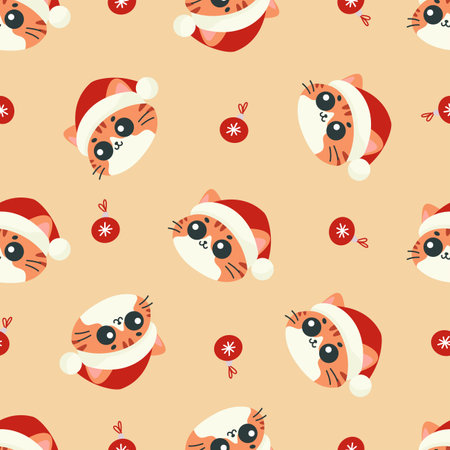 Seamless vector Christmas pattern. Cute cat faces with big eyes in Santa Claus hat, Christmas tree balls, beige background . Vector illustrationのイラスト素材