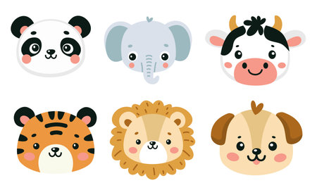 Cute vector faces of different animals. Tiger, lion, elephant and panda. A cow and a dog . Vector illustrationのイラスト素材