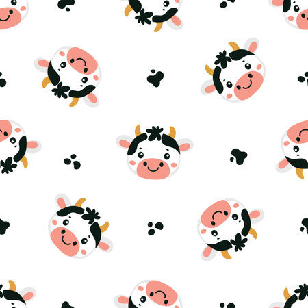 Seamless vector pattern. Cute faces of white cow with black spots on white background . Vector illustrationのイラスト素材
