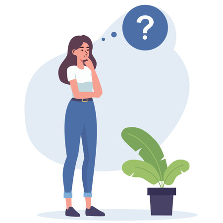 Flat vector illustration. Woman standing in a pensive pose. The concept of searching for the solution of the problem . Vector illustrationのイラスト素材