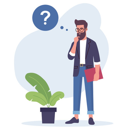 Flat vector illustration. Man standing in a pensive pose. The concept of searching for the solution of the problem . Vector illustrationのイラスト素材