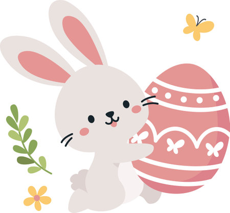 Flat vector illustration. Cute bunny running with Easter egg . Vector illustrationのイラスト素材