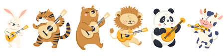 Set of children vector illustration. Cute cow panda bear hare hare lion and tiger playing guitar. Animals with musical instruments on white background . Vector illustrationのイラスト素材