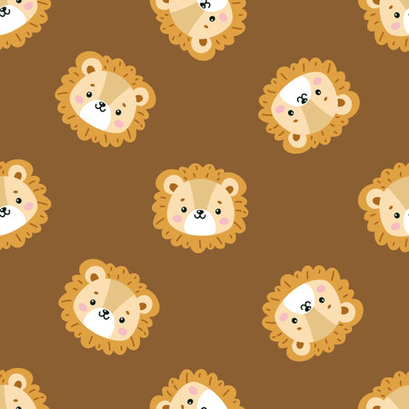 Faces of a cute little lion cub, cat footprints. Cute animal faces on dark brown background. Vector illustrationのイラスト素材