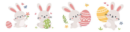 Set of flat vector illustrations for Easter holiday. Cute bunnies running with Easter eggs, grass, butterflies and flowers. Vector illustrationのイラスト素材