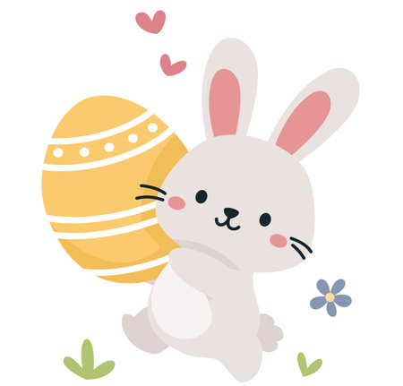 Flat vector illustration. Cute bunny running with Easter egg . Vector illustrationのイラスト素材