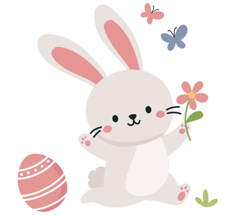 Flat vector illustration for easter day card. Cute bunny running after butterfly with daisy, Easter egg . Vector illustrationのイラスト素材