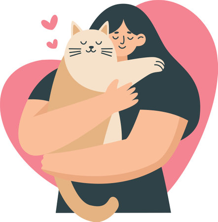 Flat vector illustration. Girl hugging her cat. Concept of love to animals and careful attitude . Vector illustrationのイラスト素材