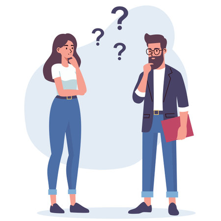 Flat vector illustration. A woman and a man are discussing issues, thinking about making a decision, coming up with an idea. Concept of joint idea . Vector illustrationのイラスト素材