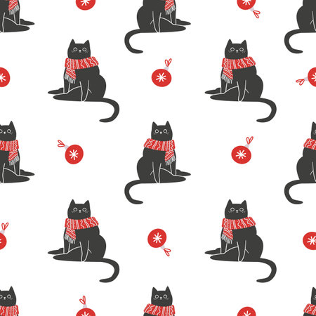 Seamless vector pattern. Cute black cat funny sitting in red Christmas scarf, Christmas tree balls . Vector illustrationのイラスト素材
