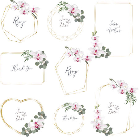 Vector set of gold frames of different shapes and with white orchid branches. Frames on white background for holiday design. . Vector illustrationのイラスト素材