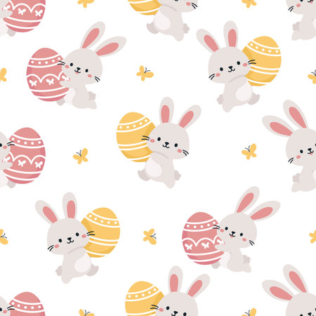 Seamless vector pattern for Easter day. Cute bunny running with Easter egg, butterflies . Vector illustrationのイラスト素材